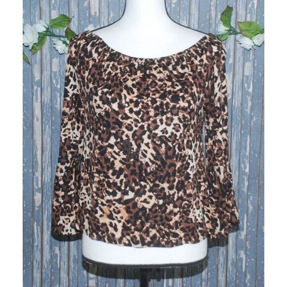 Lascana Ladies Brown Cheetah Print Blouse Top Size S 3/4 Bell Sleeves Animal Pri - Picture 1 of 9